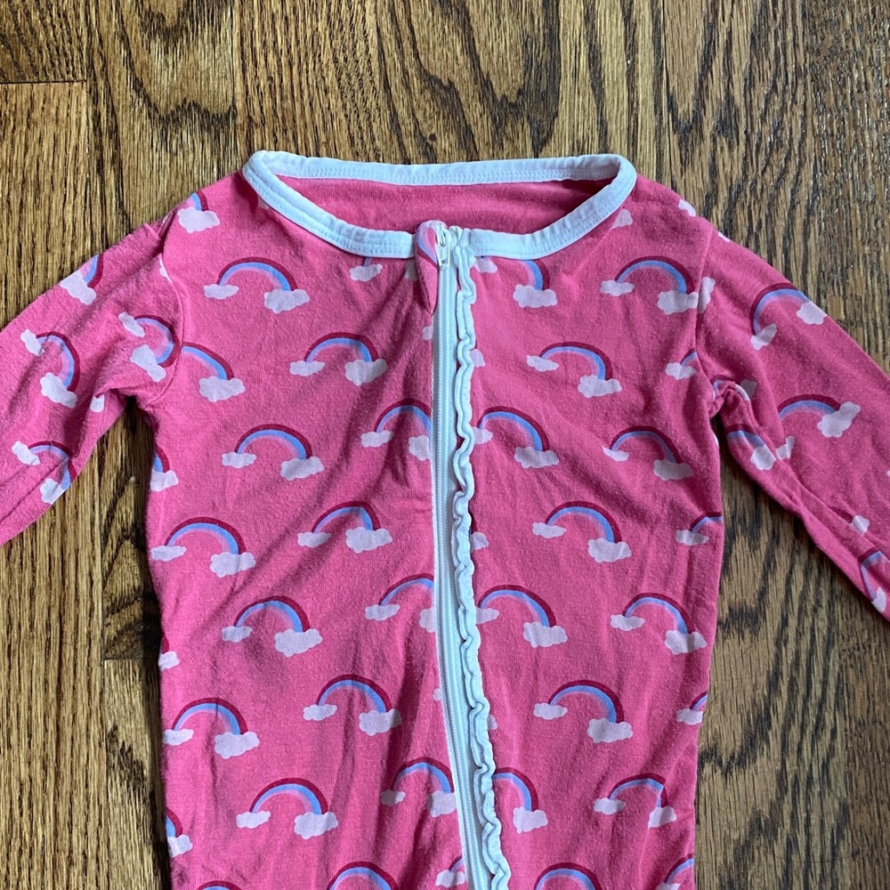 Pink rainbow print Kickee Pants zip up bamboo one piece pj with bum flap, 12-18M - Picture 3 of 12